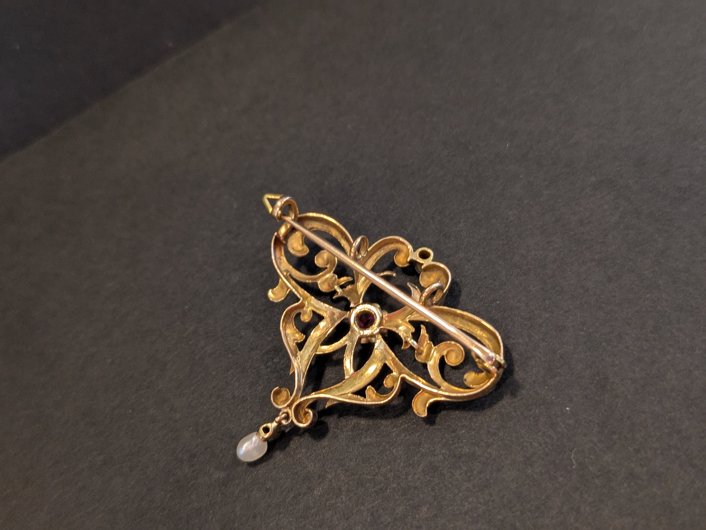 14k Jugendstil Brooch and Pendant with Pearl Diamond and Ruby