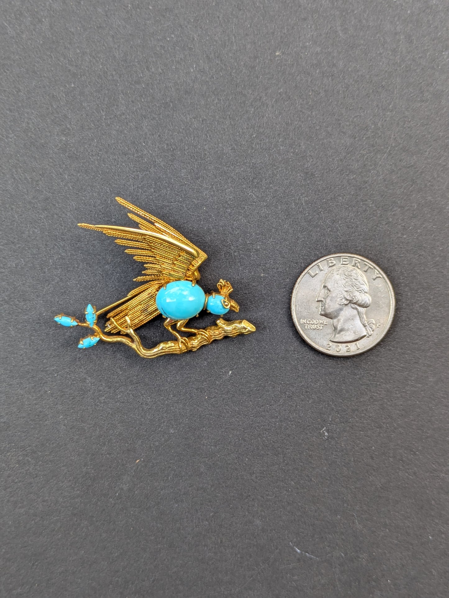 14k Turquoise Bird on a Branch Brooch