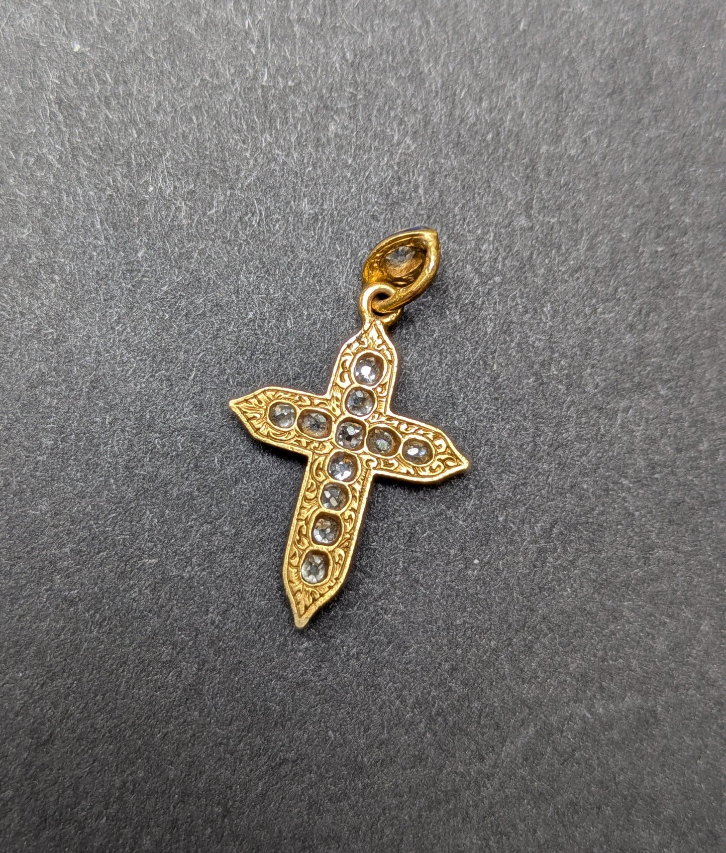 18k Early Victorian Engraved Blue Enamel and Diamond Cross Charm