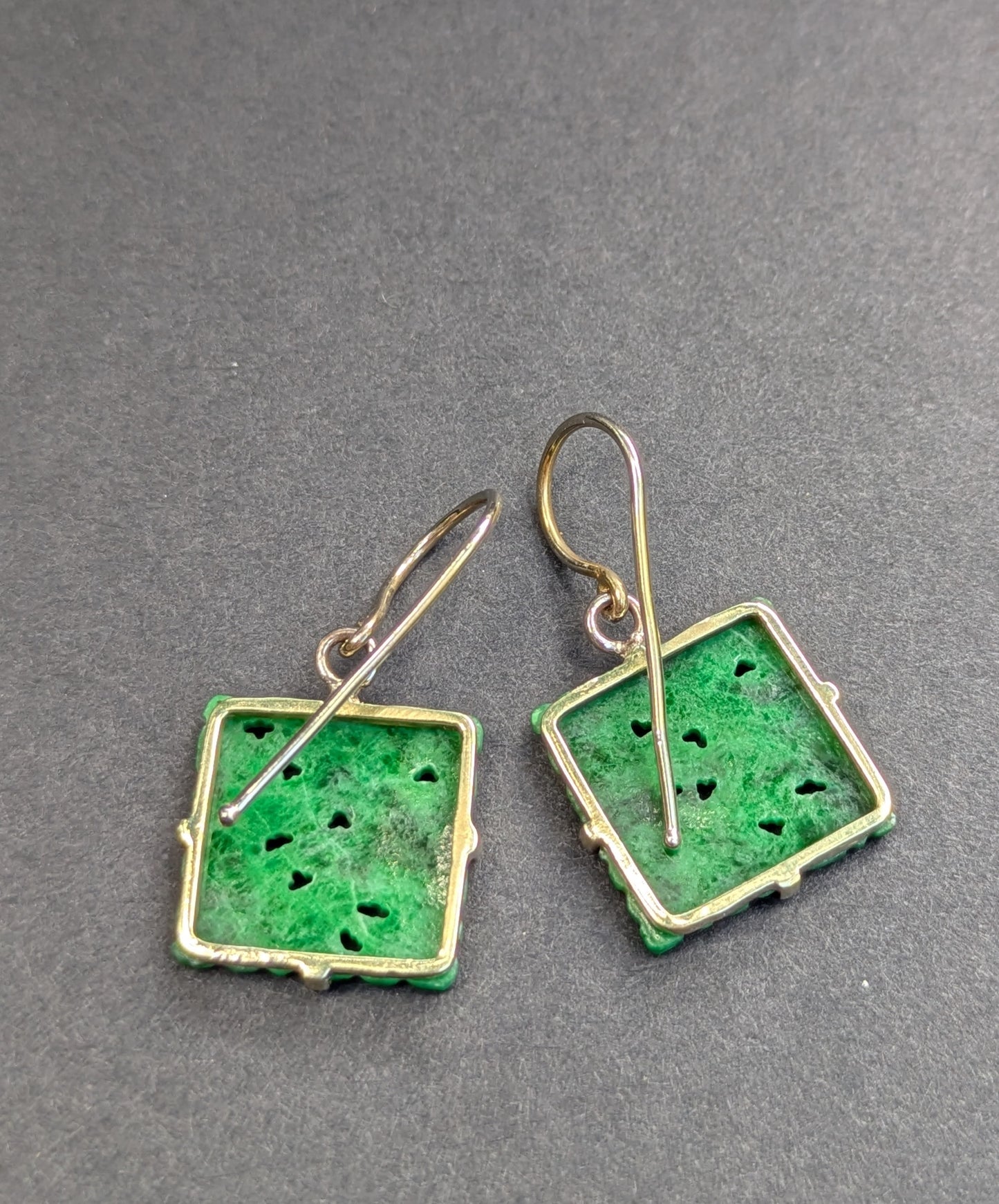 Carved Green Jade Set in 14kt as Earings