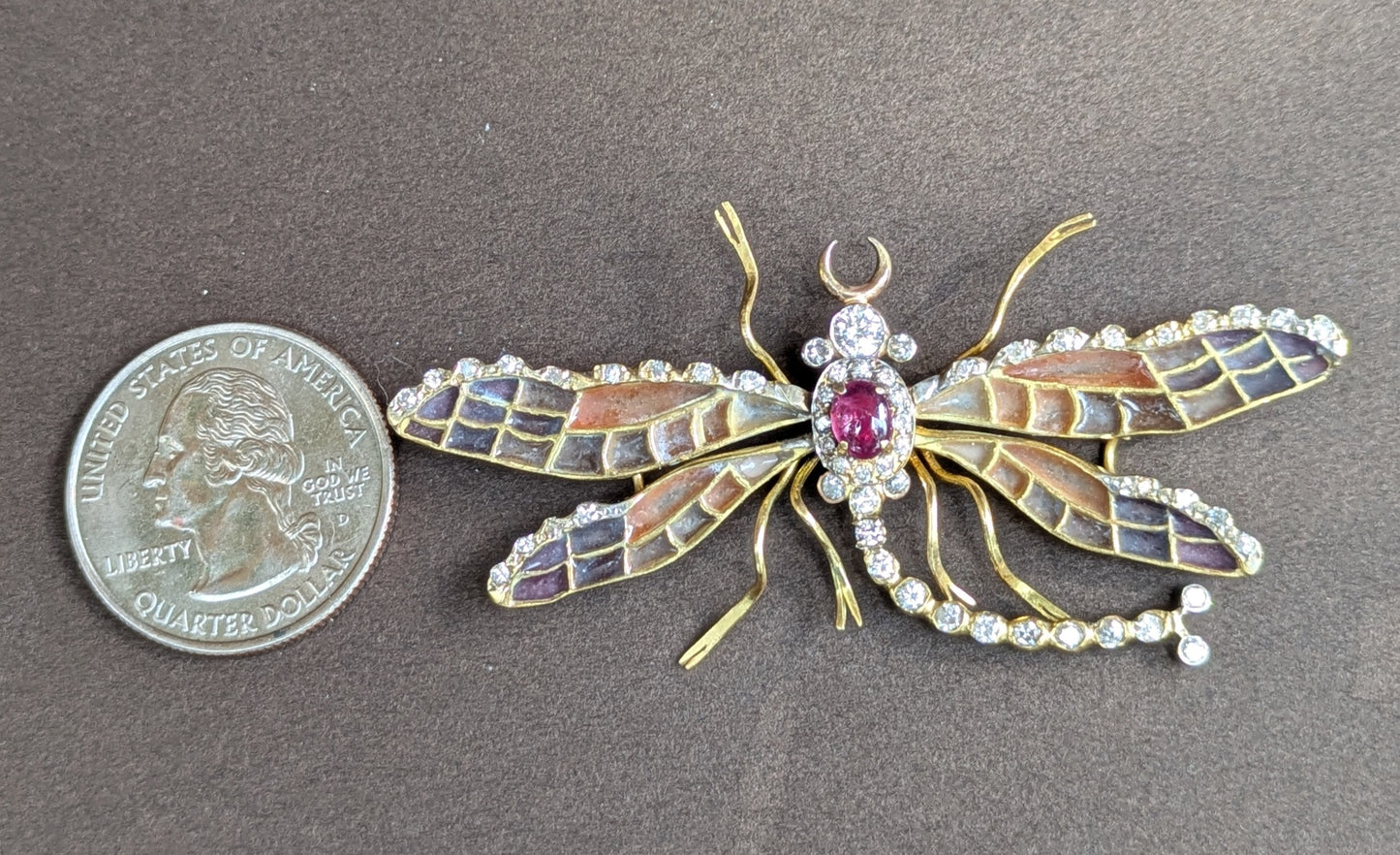 18kt "Plique a Jour" Dragon FLy Brooch with Diamonds & Ruby Cabacon