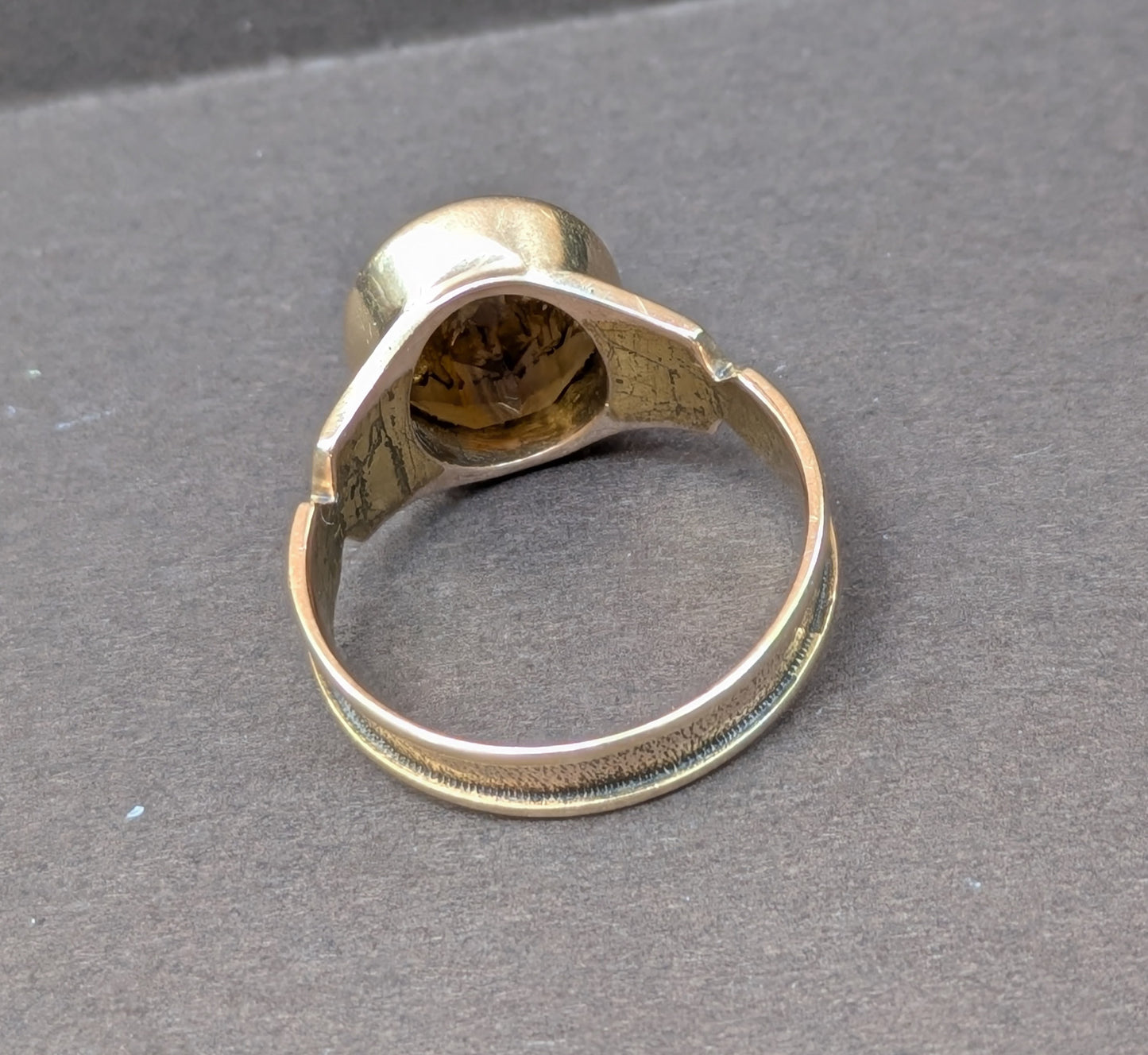 Arts & Crafts 12kt Signet Ring Set with Worn Engraved Citrine "H" "D"