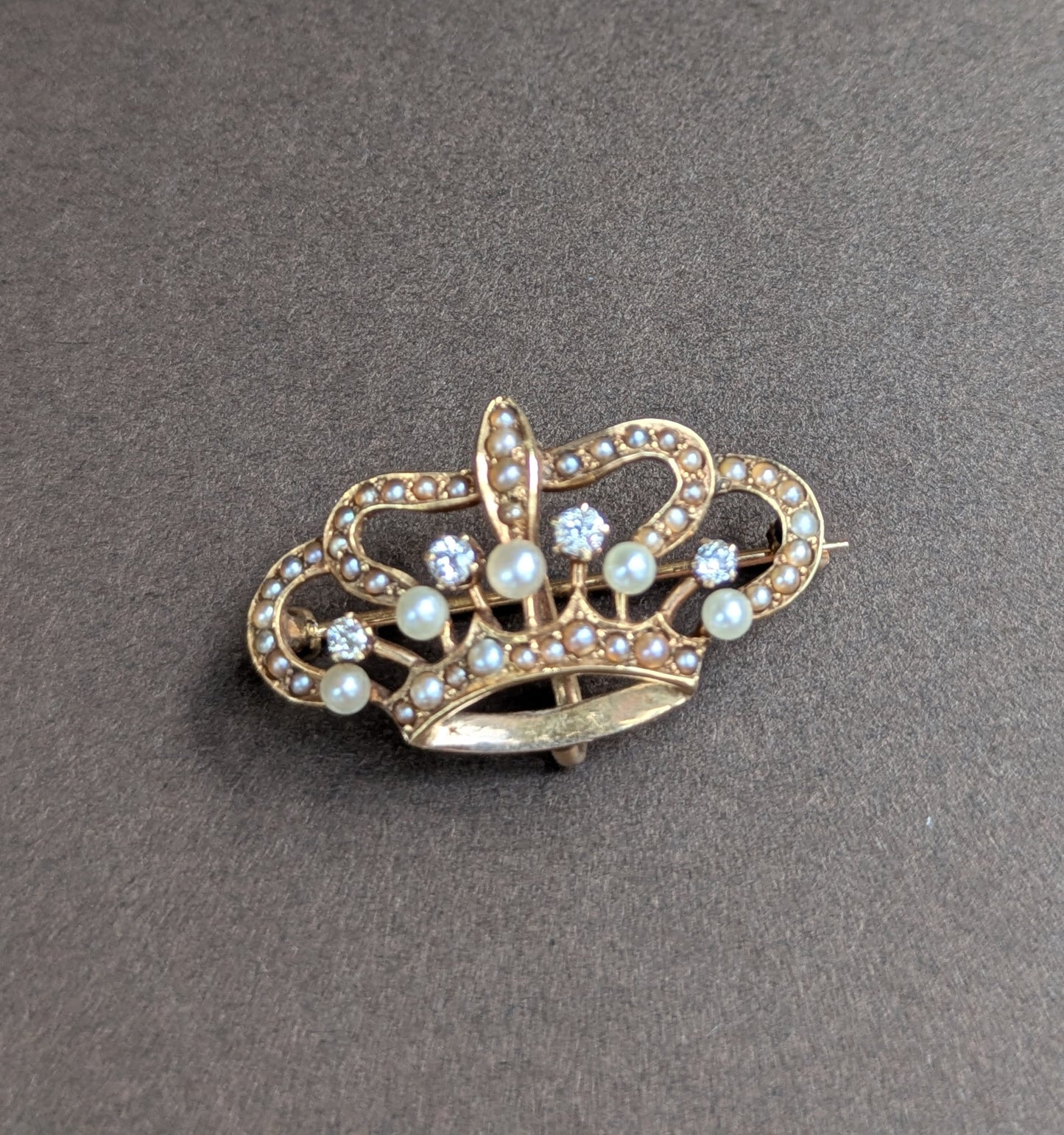 12kt Seed Pearl & Mine Cut Diamond Crown Brooch with Watch Hook