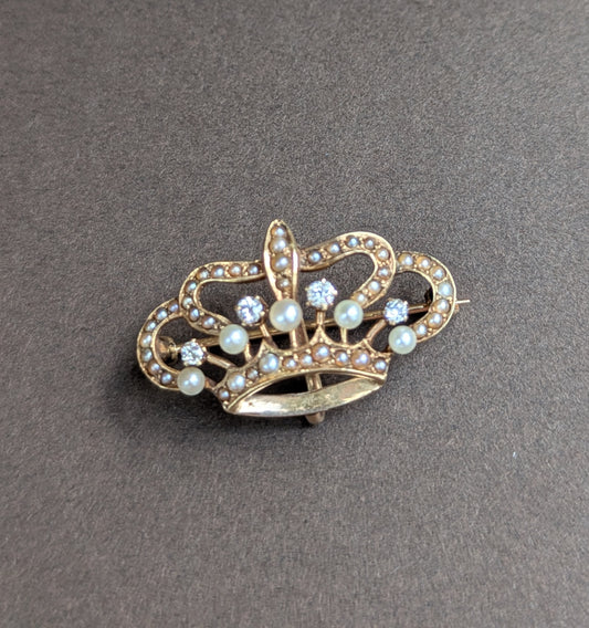 12kt Seed Pearl & Mine Cut Diamond Crown Brooch with Watch Hook