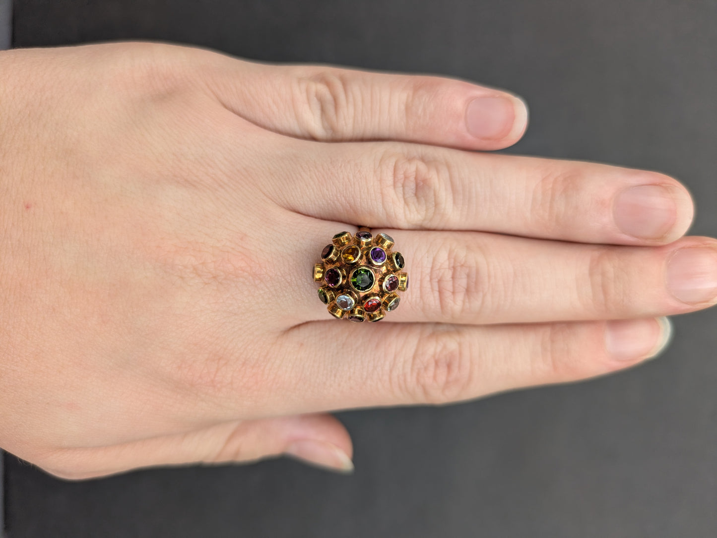 18k Gemstone Sputnik Ring with Tourmaline, Citrine, Peridot, and Topaz