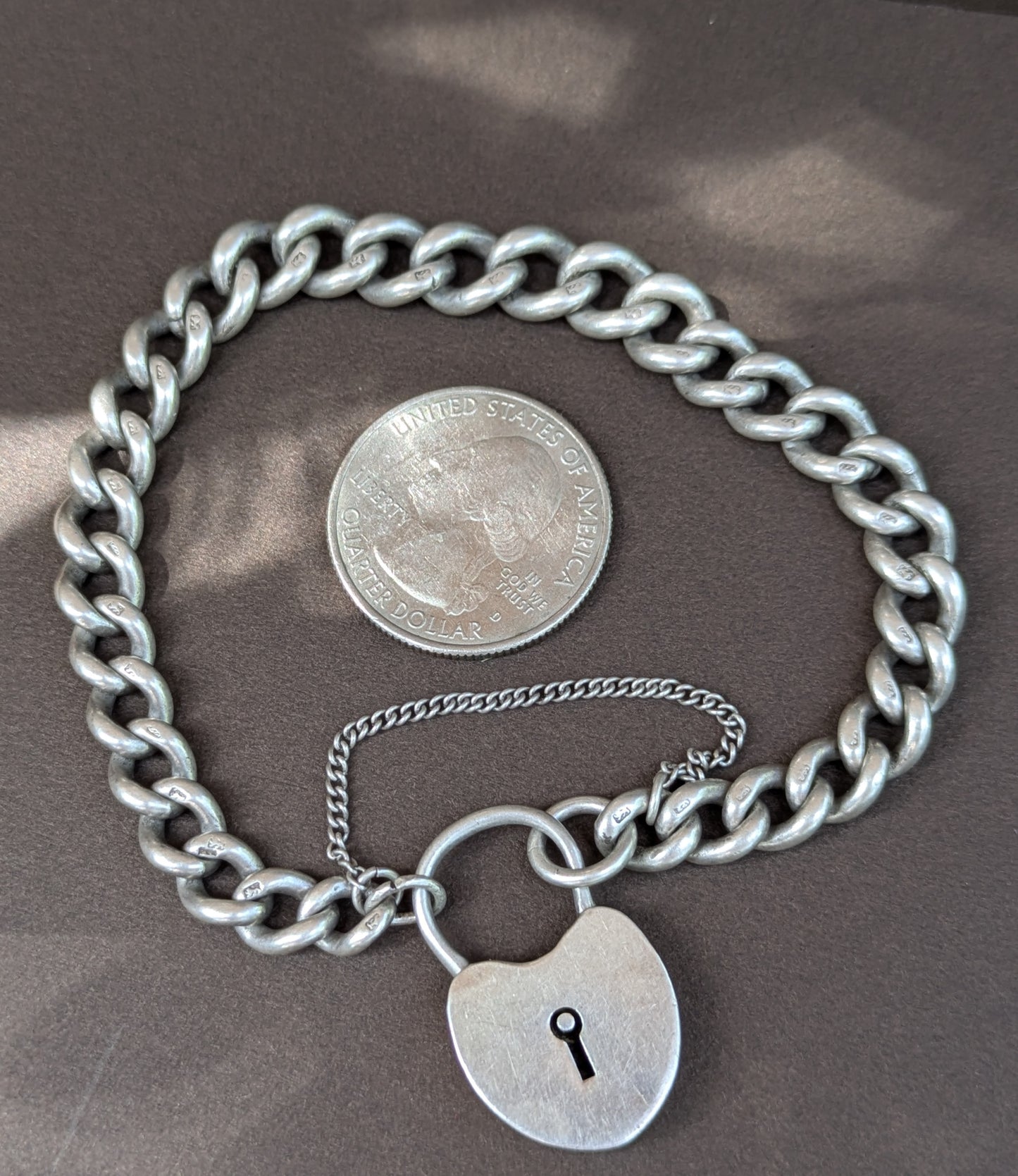 English Sterling Solid Curb Heart Clasp Bracelet
