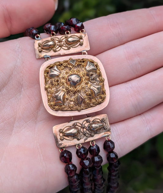 3 Strand Antique Garnet Dutch 14kt Lacework Clasp