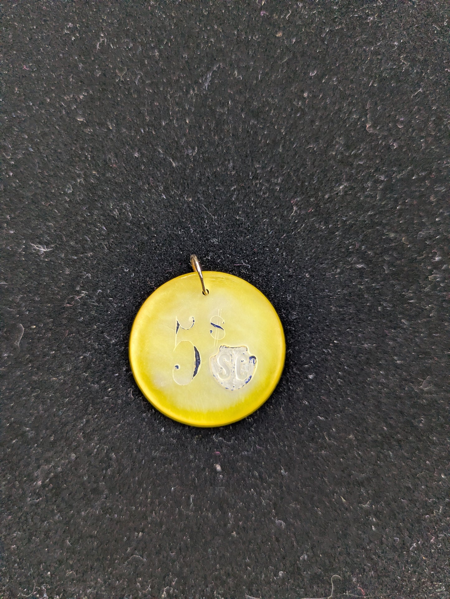 Round Yellow Mother of Pearl Poker Chip with Navy Engraving "$5 SC"