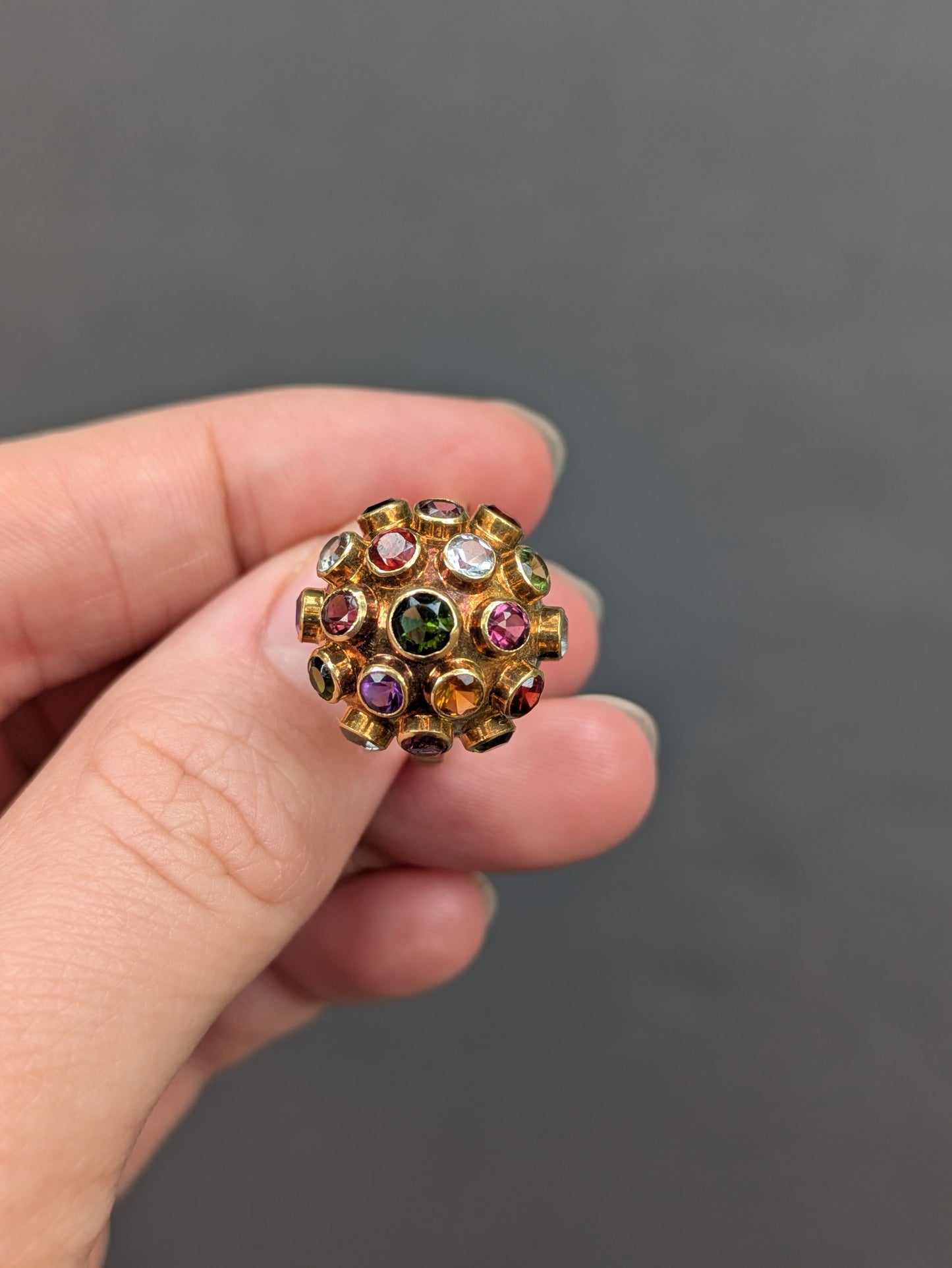 18k Gemstone Sputnik Ring with Tourmaline, Citrine, Peridot, and Topaz