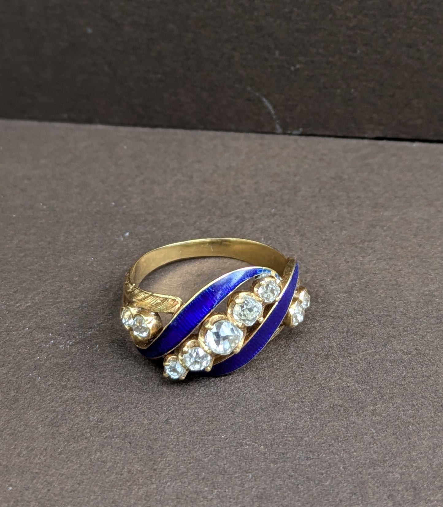 18k Blue Enamel & Mine Cut Diamond Ring from Mid 1800's