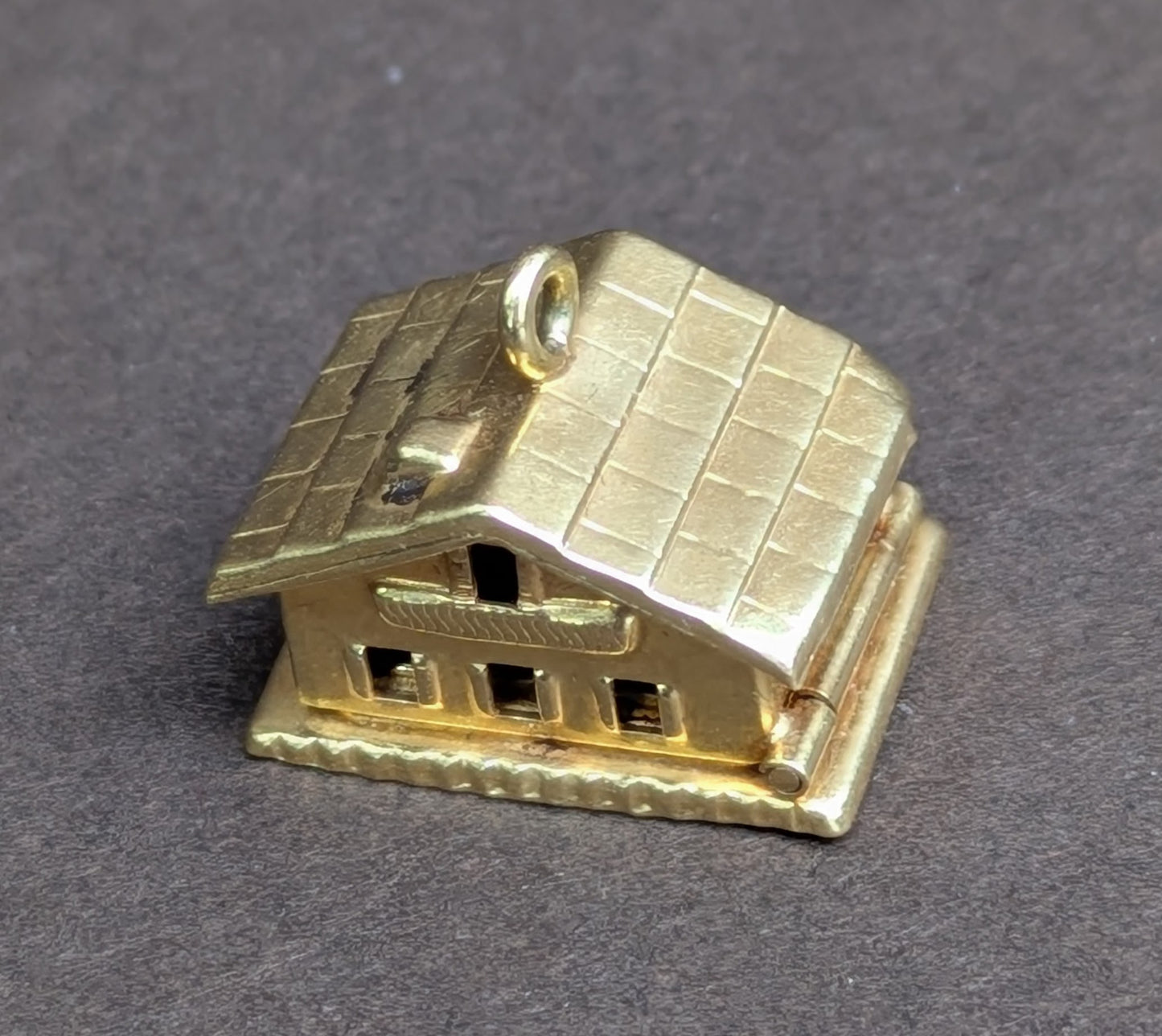 18k Articulated Swiss House Charm with 2 Enamel Hearts