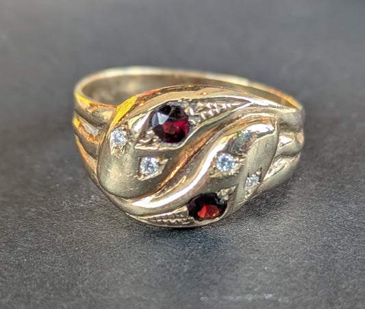 English Double Snake Ring With Garnet & OEC Diamond