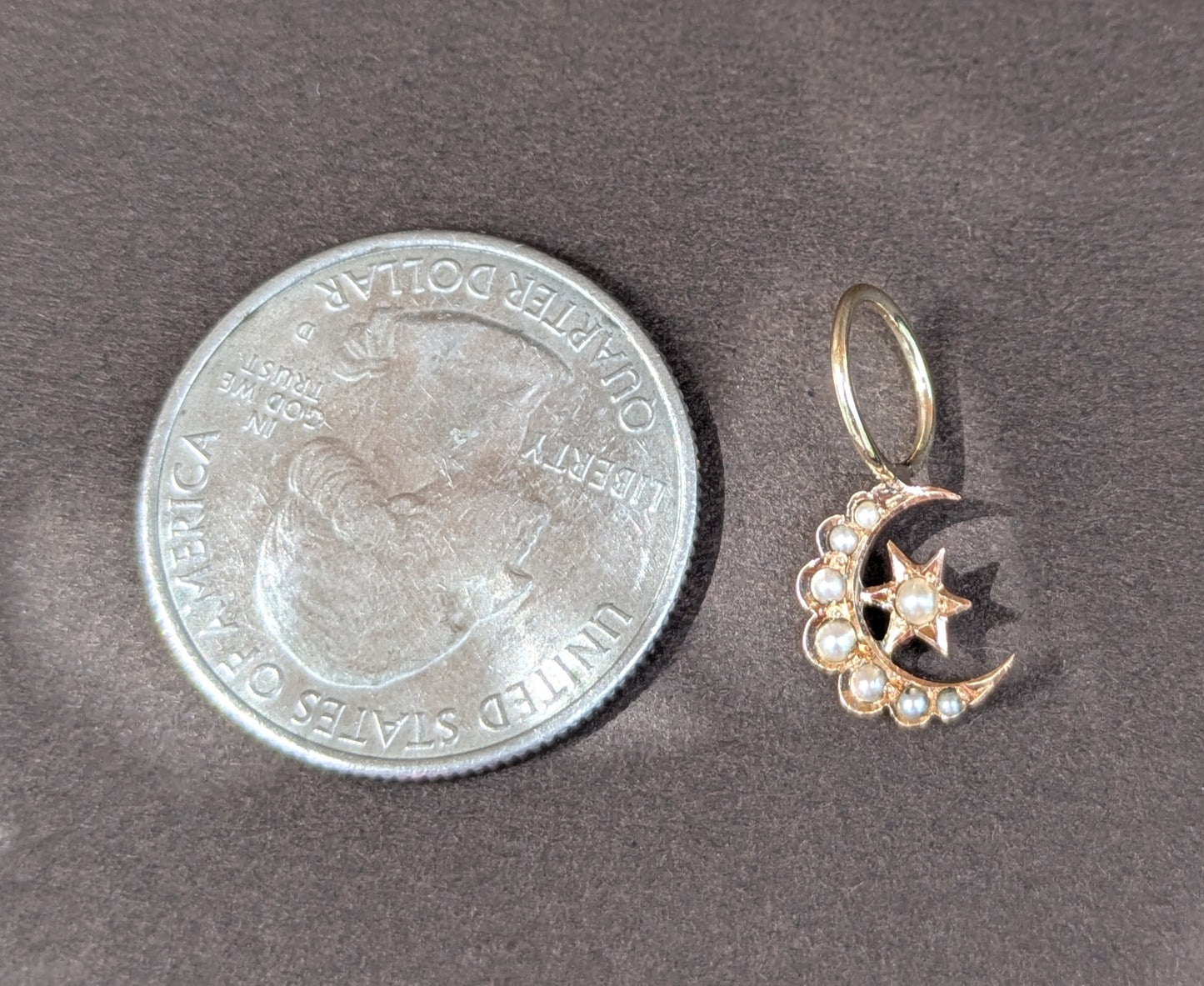 Seed Pearl Crescent Charm with Star 14kt Top 12kt Bottom