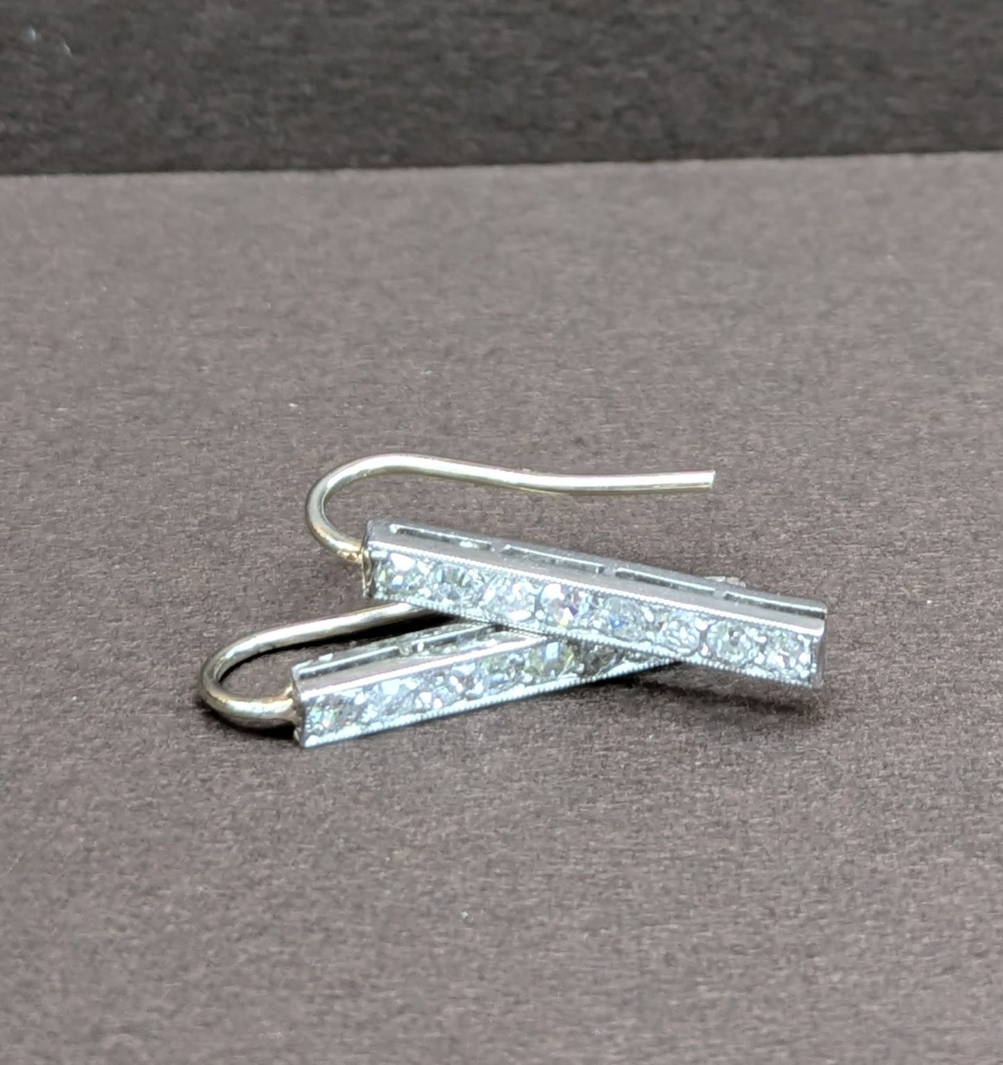 Mine Cut Diamond Earrings 14kt White Gold Converted from Bar Pin