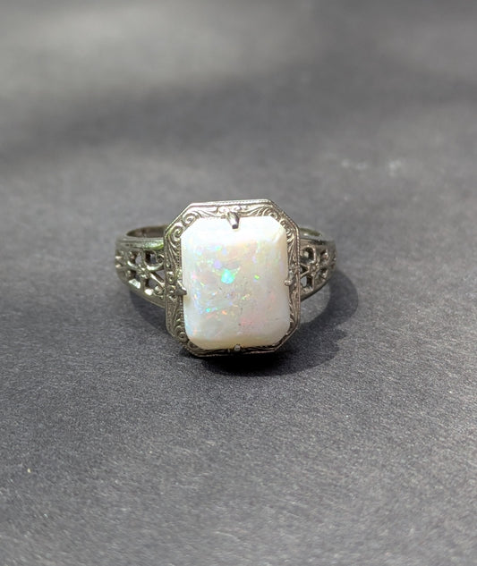 14kt White Gold Filigree Ring with Elongated Cushion Cut Opal