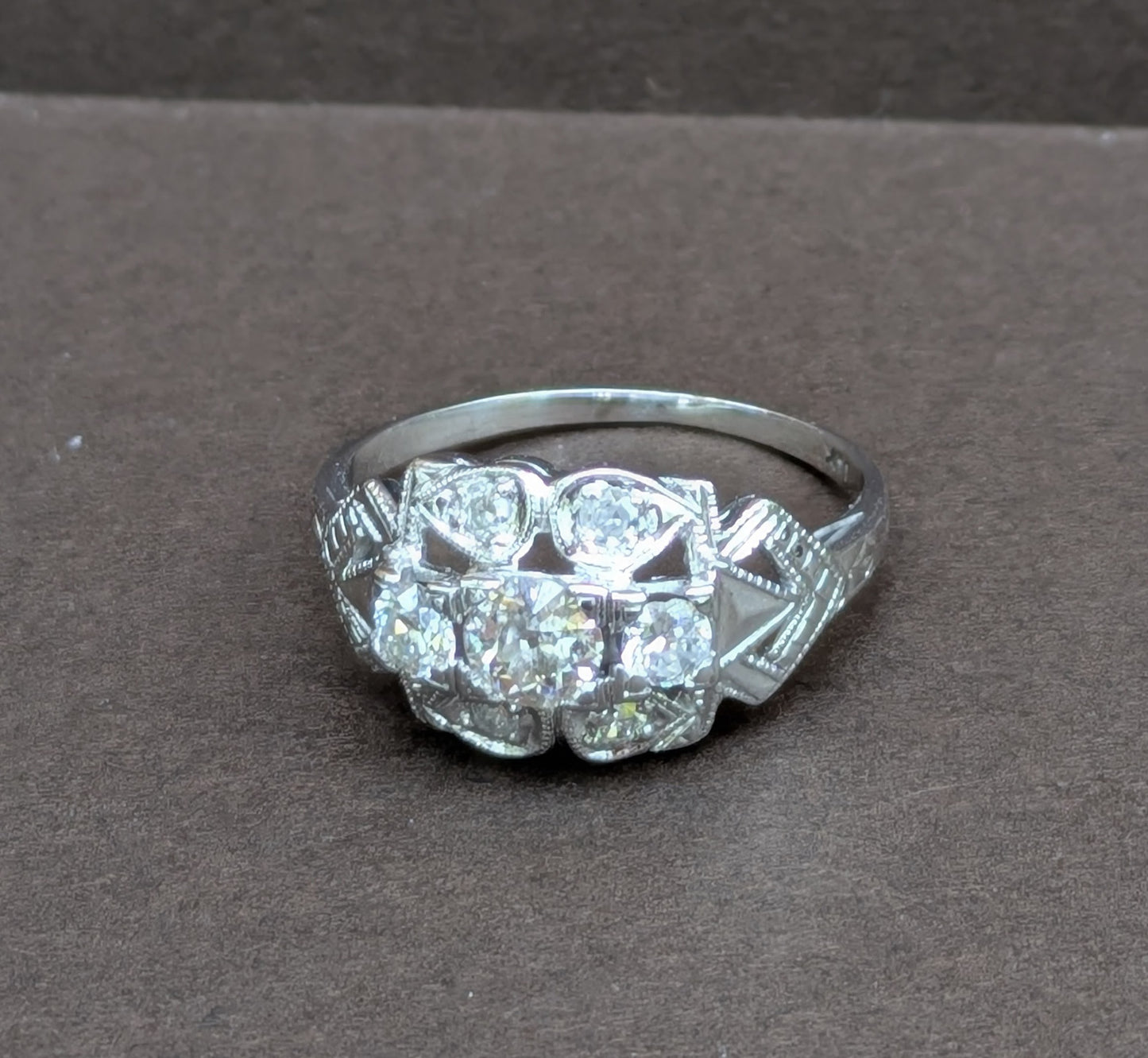 1930's 14k 3 Stone Diamond Ring with Side Diamonds