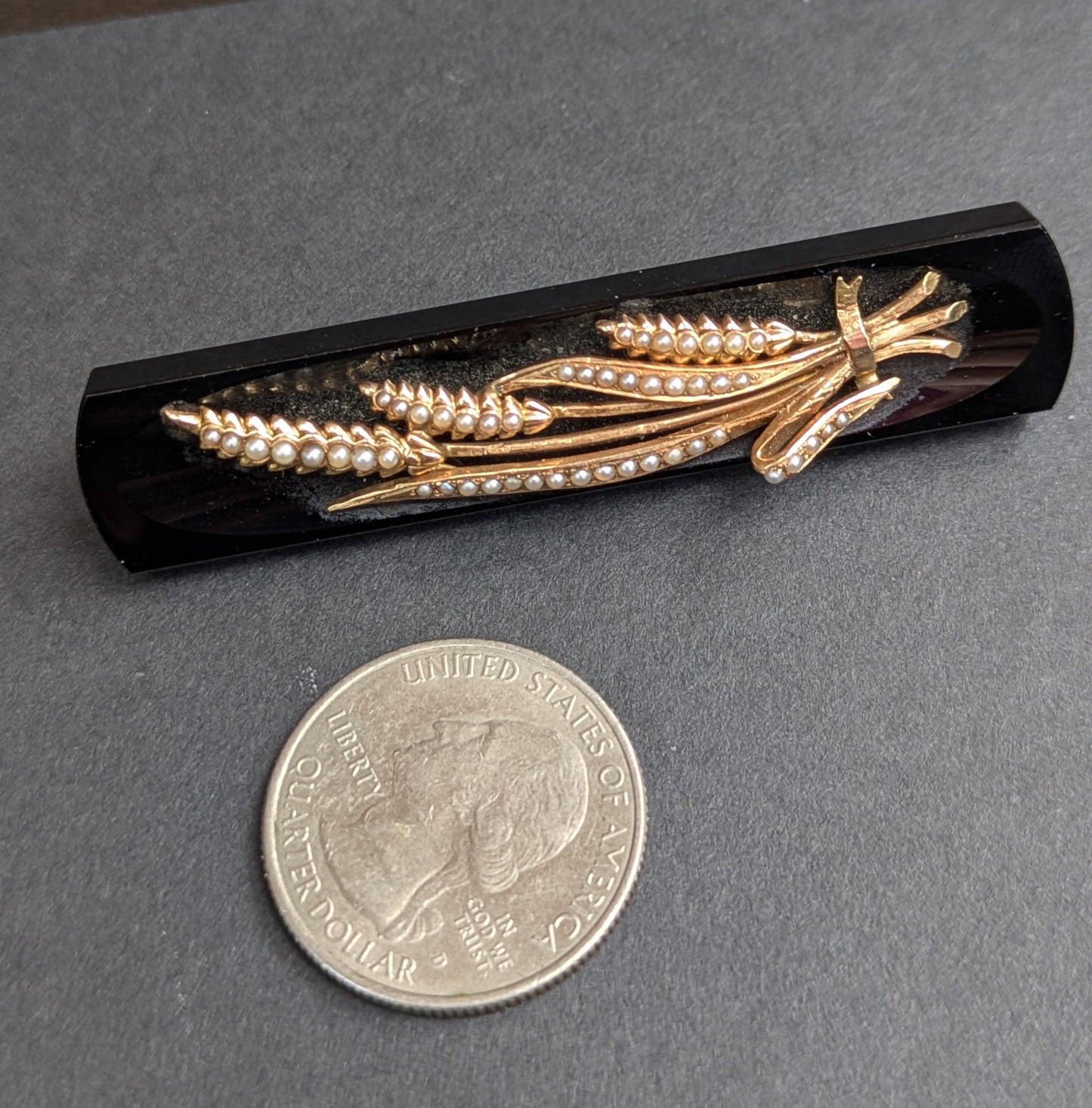 Onyx 14kt & Seed Pearl Brooch with Shaft of Wheat