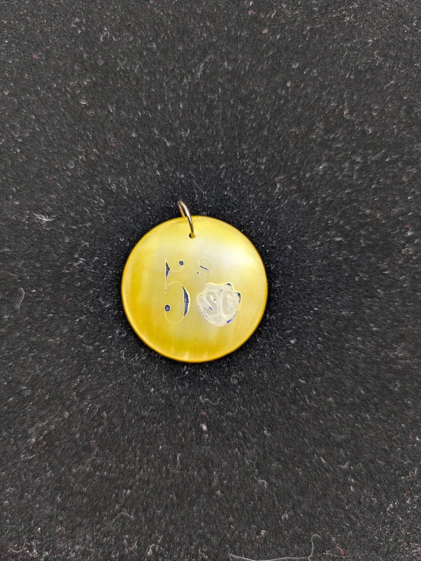 Round Yellow Mother of Pearl Poker Chip with Navy Engraving "$5 SC"