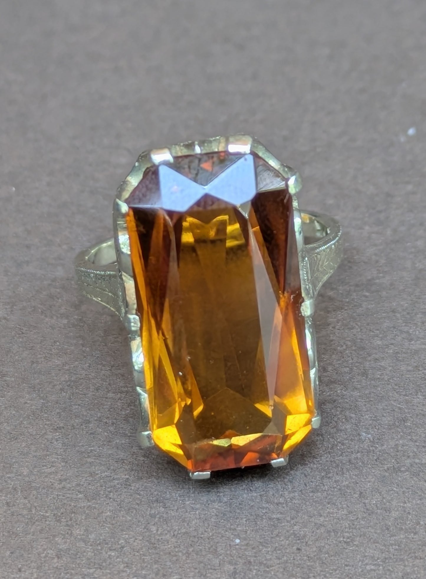 20k White Gold and Elongated Cushion Cut Citrine Ring with Hand Engraving