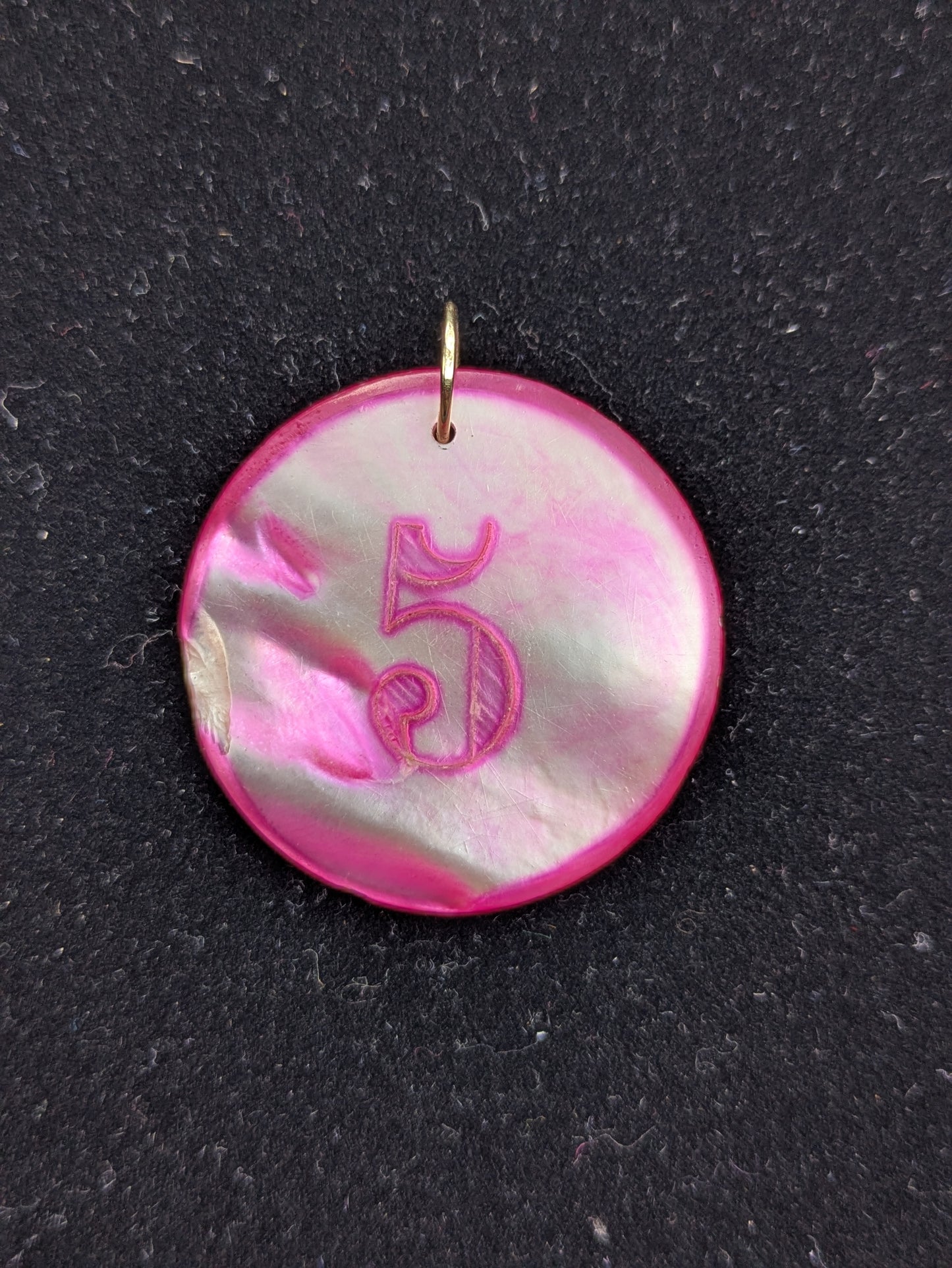 Round Hot Pink Mother of Pearl Poker Chip with Pink Engraving "5"