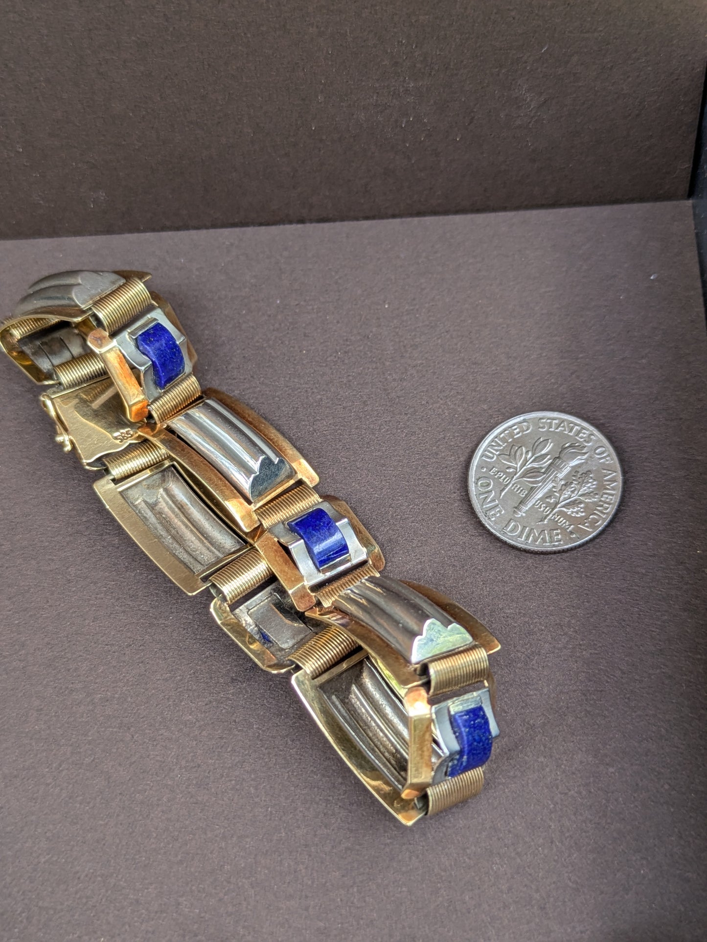 14kt Two-Tone Arts and Craft Era Lapis Bracelet