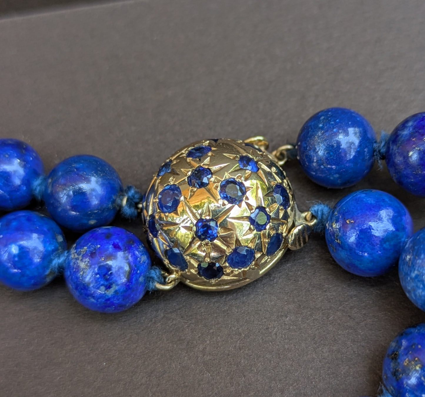Double Strand Lapis Necklace with Sapphire, Domb Clasp- Double Safety, Restrung