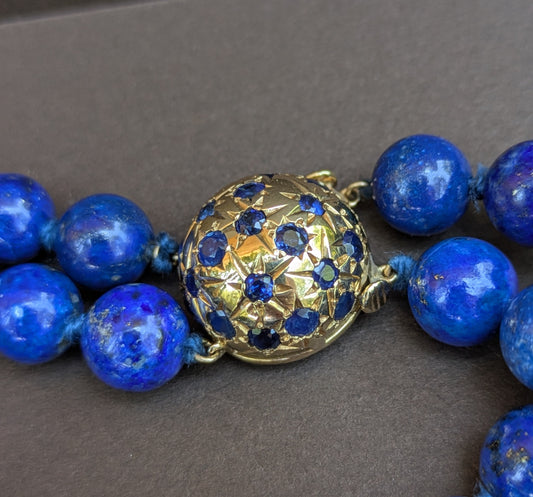 Double Strand Lapis Necklace with Sapphire, Domb Clasp- Double Safety, Restrung