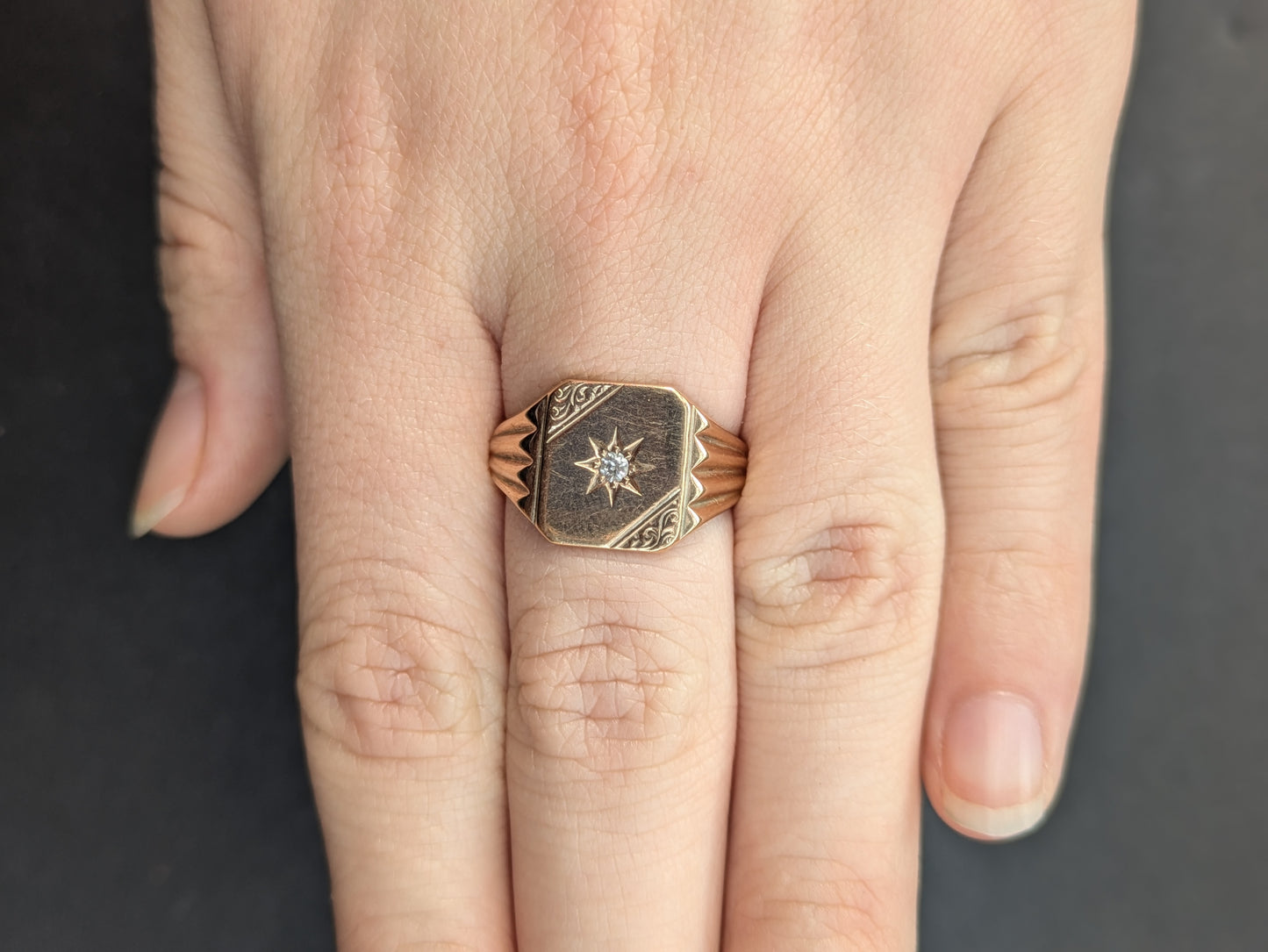 9k London English Signet Ring with Diamond Star