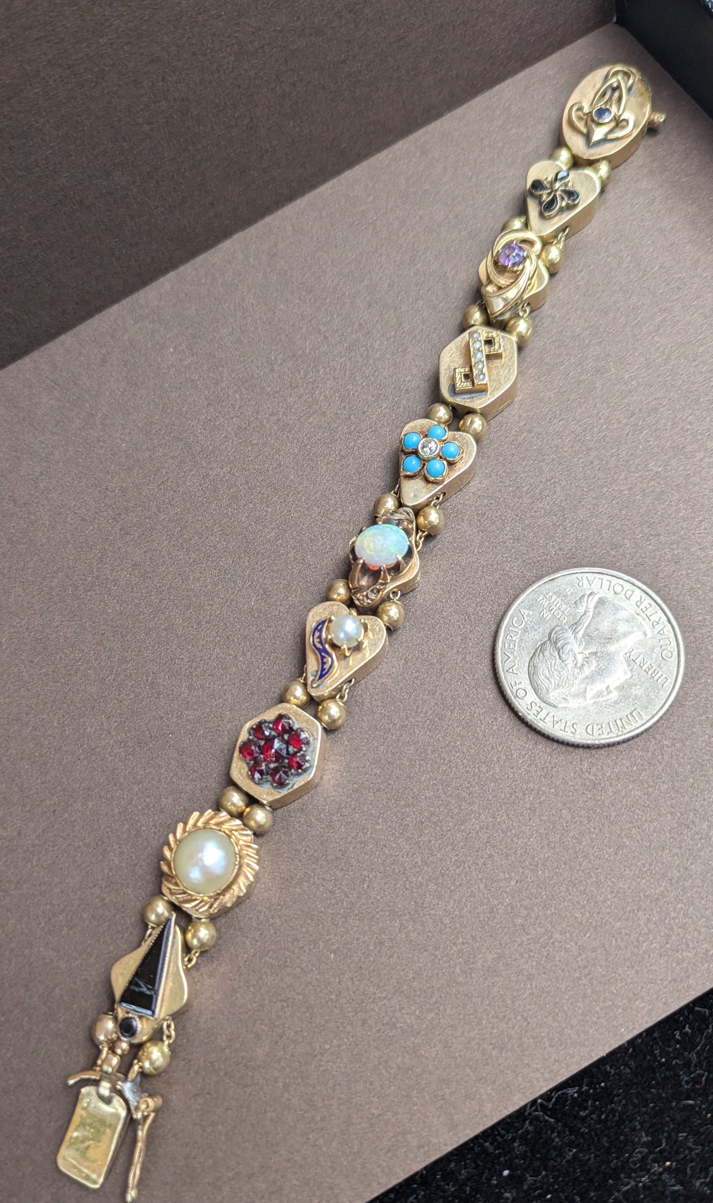 14kt Slide Bracelet Turquoise, Diamond (OEC), Pearl, Garnet, Opal, Amethyst, Enamel