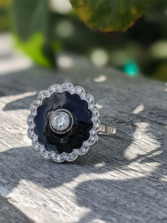 Platinum diamond and black enamel ring