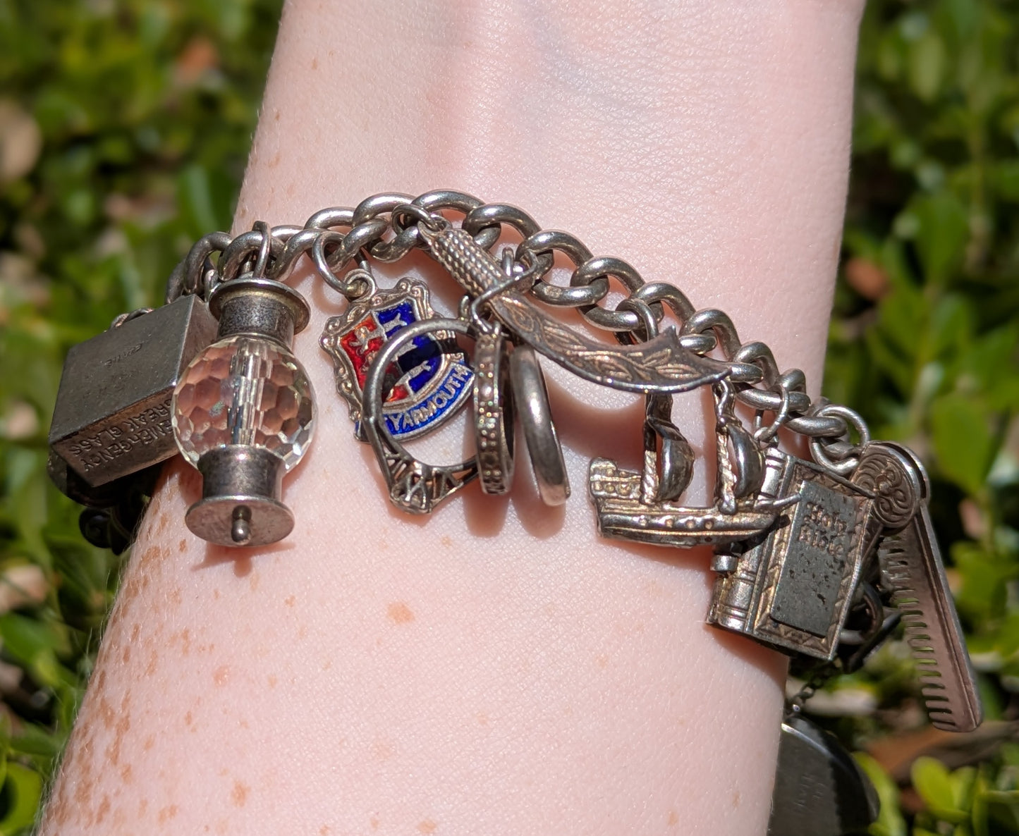 Elaborate English Sterling Charm Bracelet with Heart Clasp