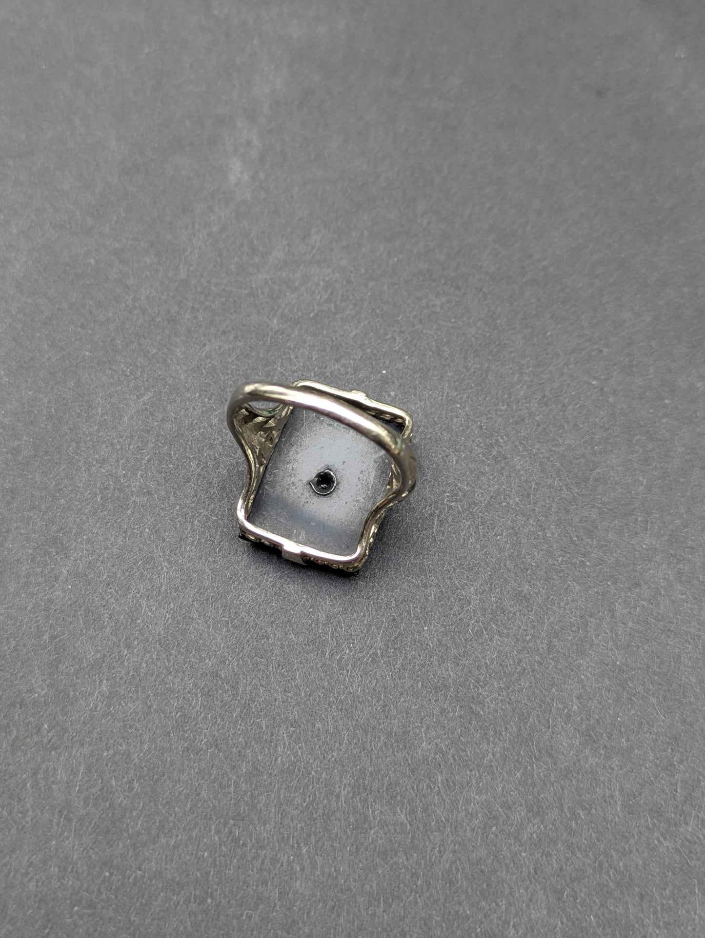 14kt White Gold Filgree Ring with Large Onyx and Diamond