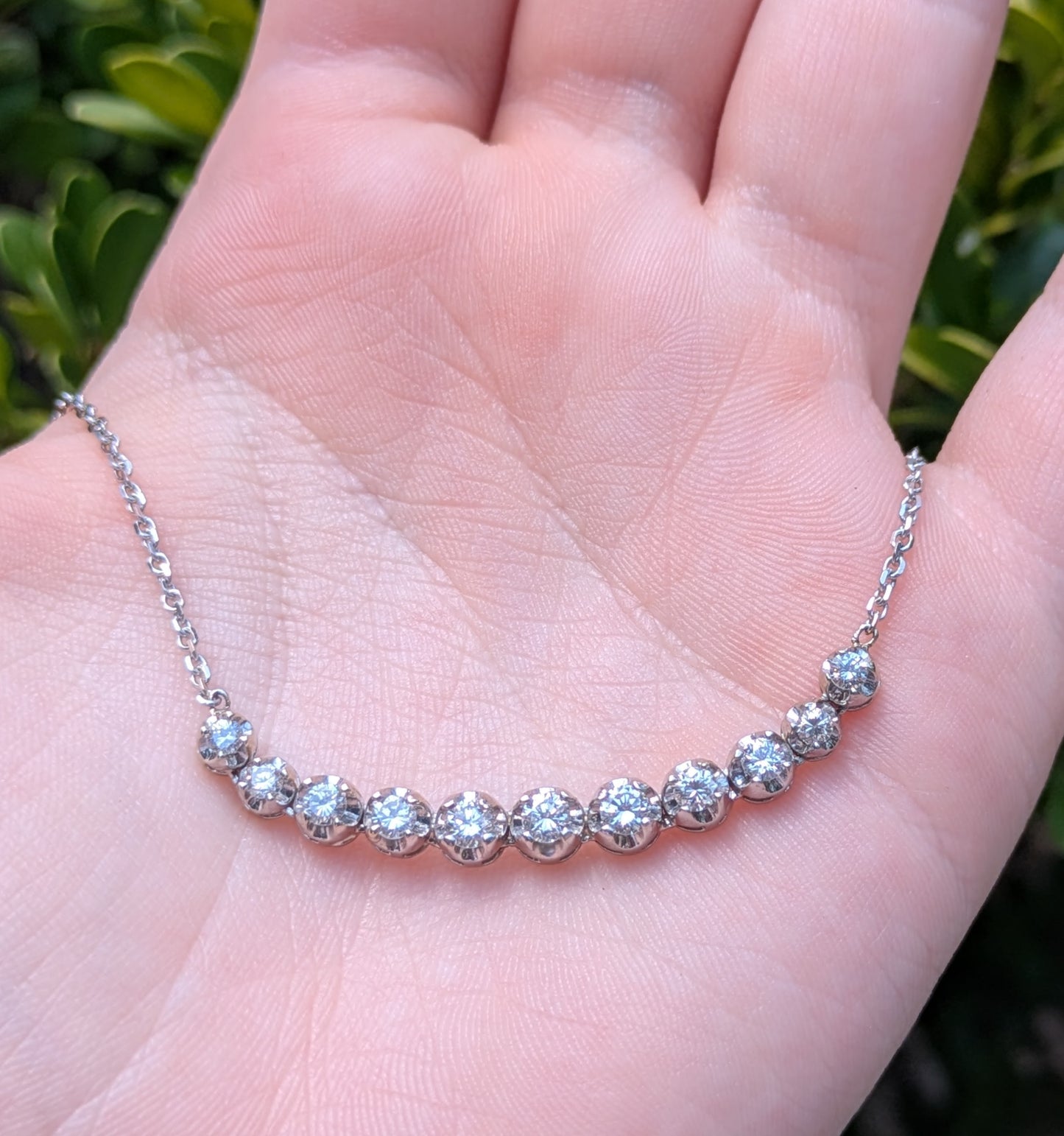 14kt White Gold Graduated Diamond Necklace- Crecent Style
