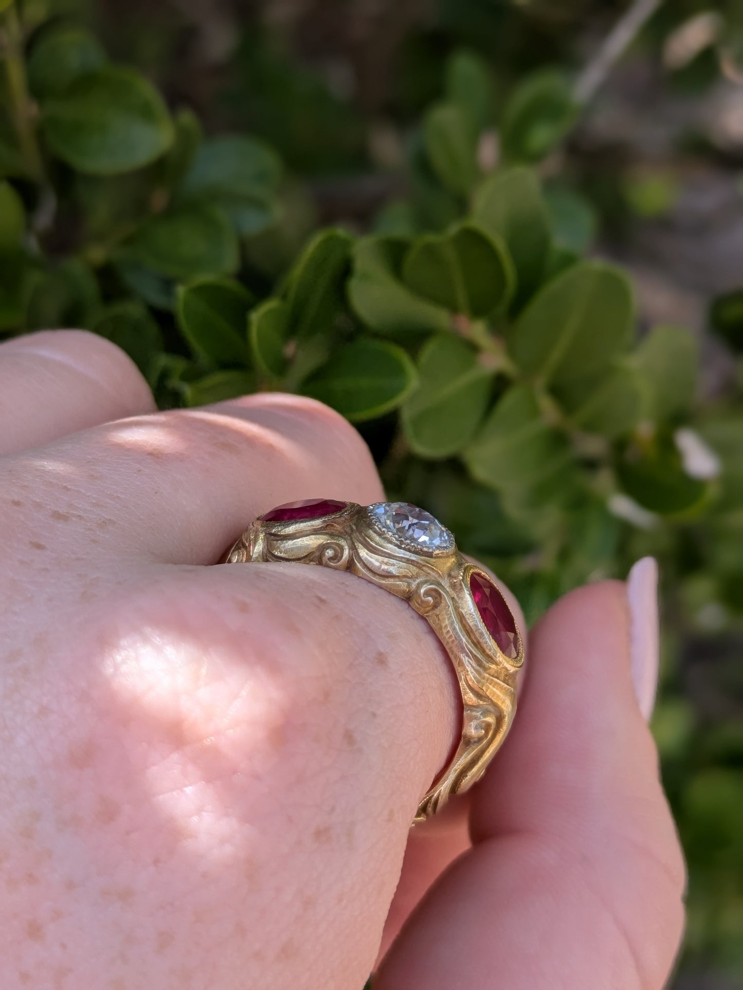 18kt Flush Set OEC Diamond & Red Spinel Ring