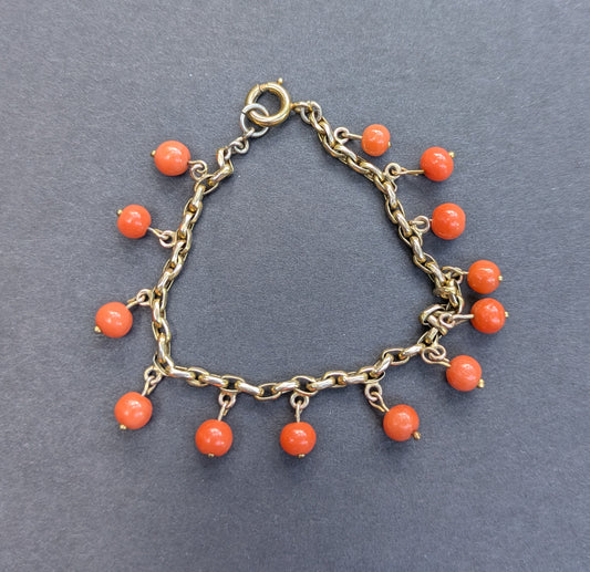 14Kt Coral bead and paperclip link bracelet, German 1920's