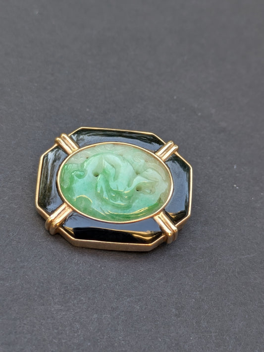 14k Jade and Onyx Brooch