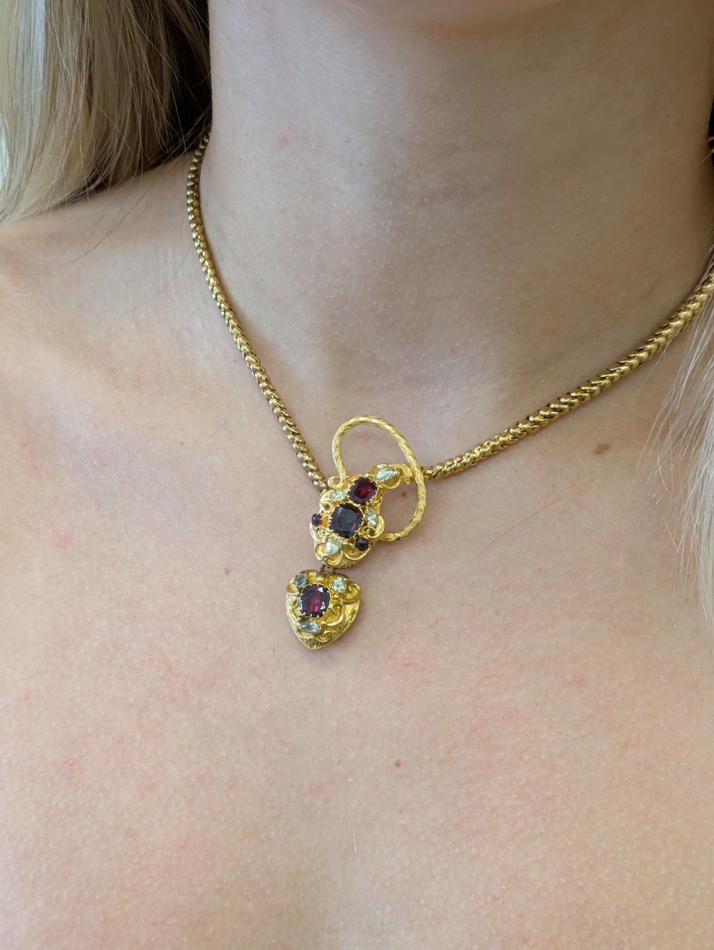 18k Garnet and Diamond Serpent and Heart Locket Necklace