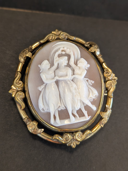 English Three Muses Shell Cameo Flipping Brooch/ Pendant