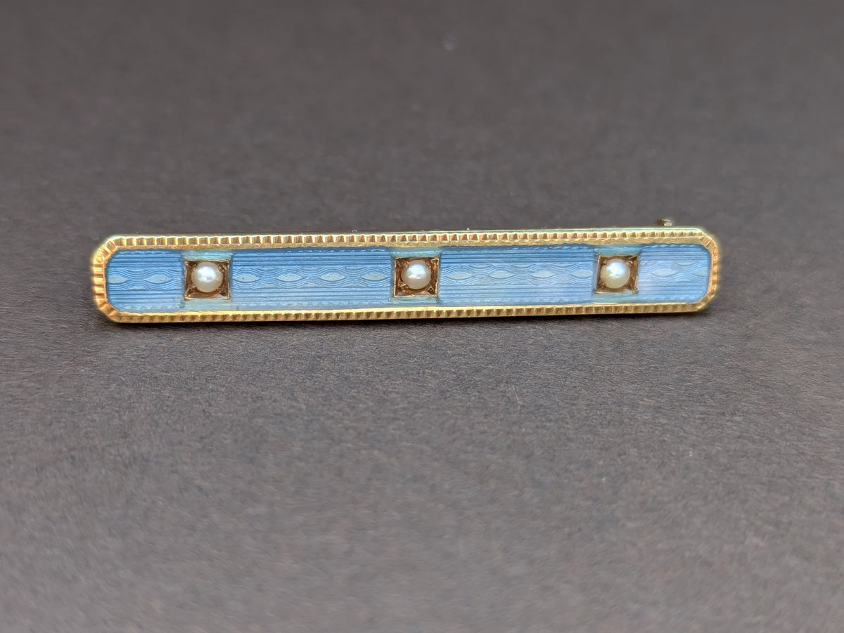 14kt Blue Enamel And Seed Pearl Bar Pin