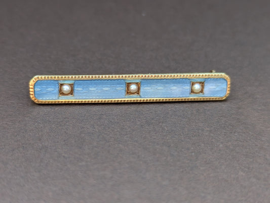14kt Blue Enamel And Seed Pearl Bar Pin