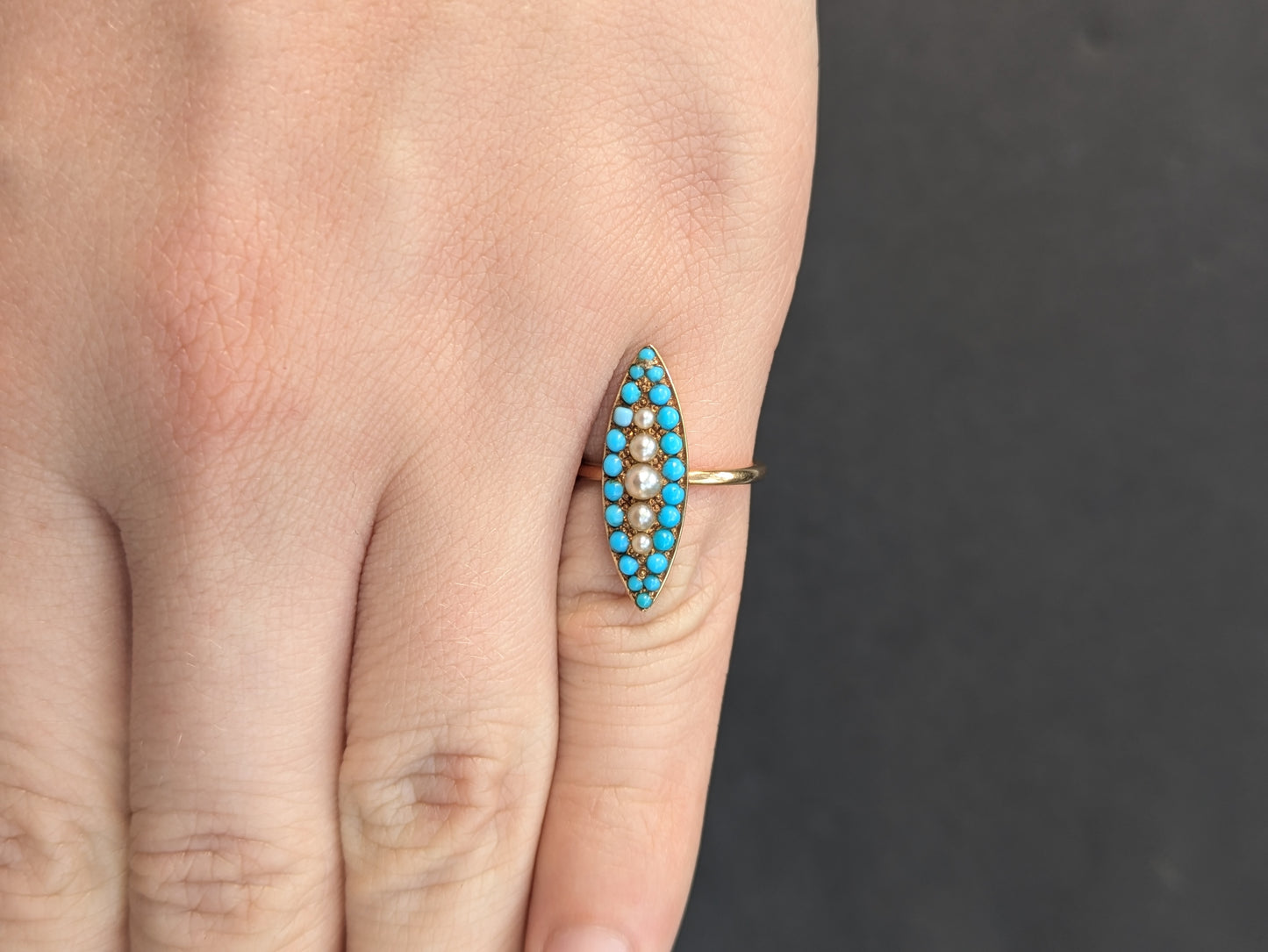 14k Navette Turquoise and Pearl Ring