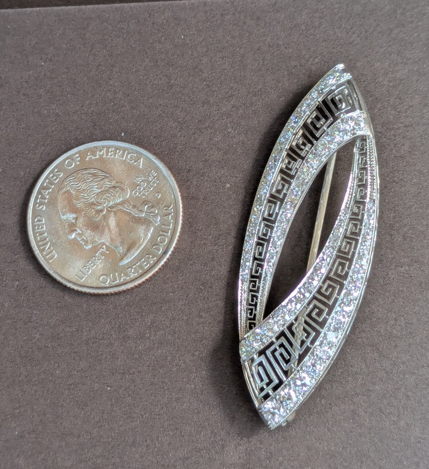 Art Deco Platinum Diamond Brooch Greek Key Pattern & Graduated OEC Diamonds