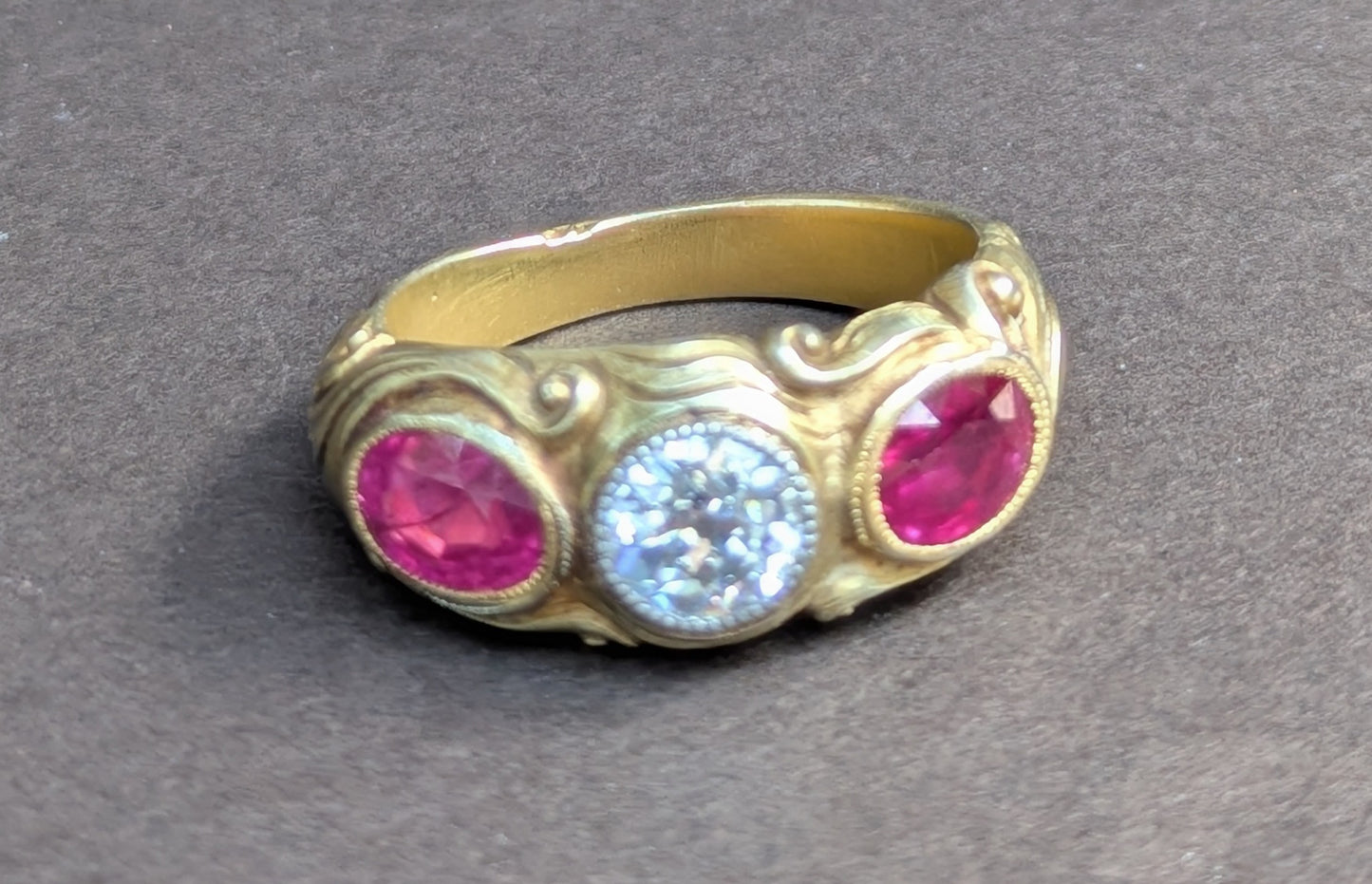 18kt Flush Set OEC Diamond & Red Spinel Ring