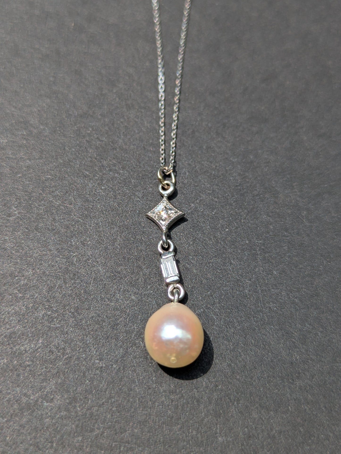 14K 1920's white gold diamond and pearl necklace