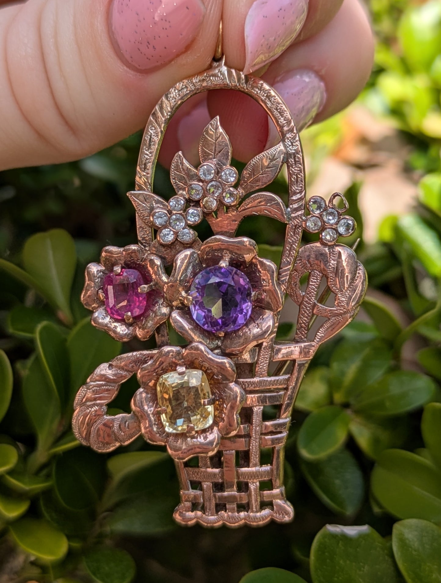 10kt Rose & Yellow Gold Basket Brooch & Pendant with Citrine, Diamonds, Amethyst, & Spinel