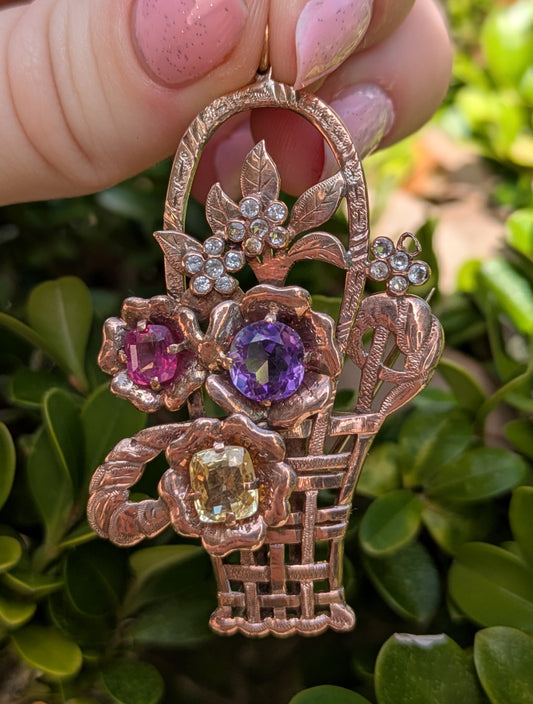 10kt Rose & Yellow Gold Basket Brooch & Pendant with Citrine, Diamonds, Amethyst, & Spinel