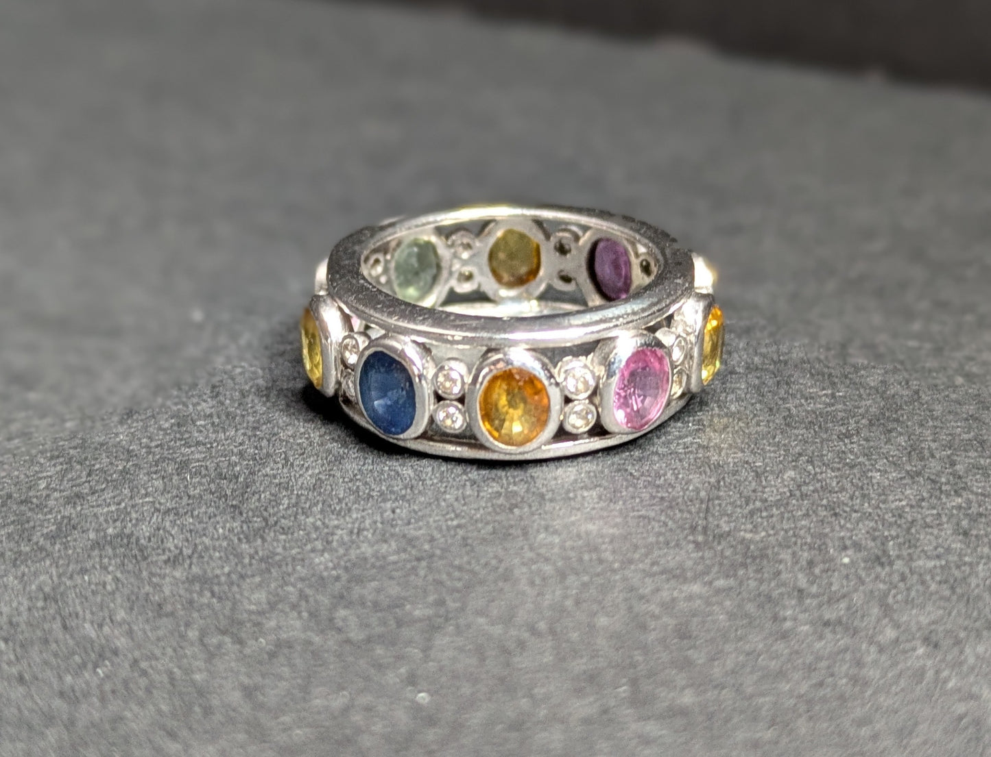 Modern 14k White Gold Multicolor Sapphire and Diamond Eternity Band