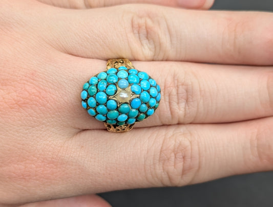 Victorian 18k Turquoise and Pearl Ring