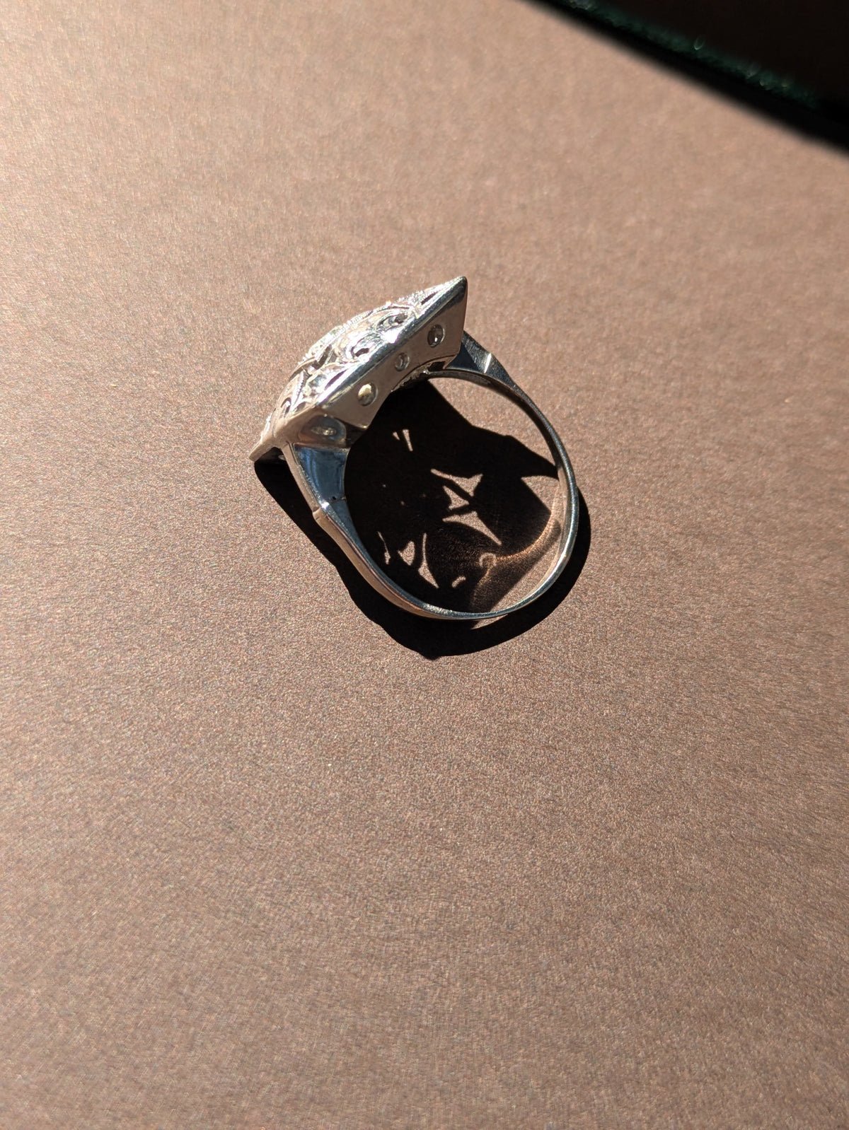 DIAMOND CENTERED FILGREE POSTAGE STAMP RING IN 14K WHITE GOLD