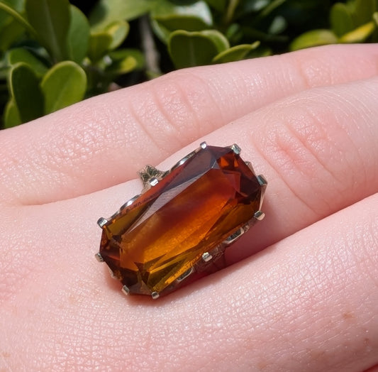 20k White Gold and Elongated Cushion Cut Citrine Ring with Hand Engraving